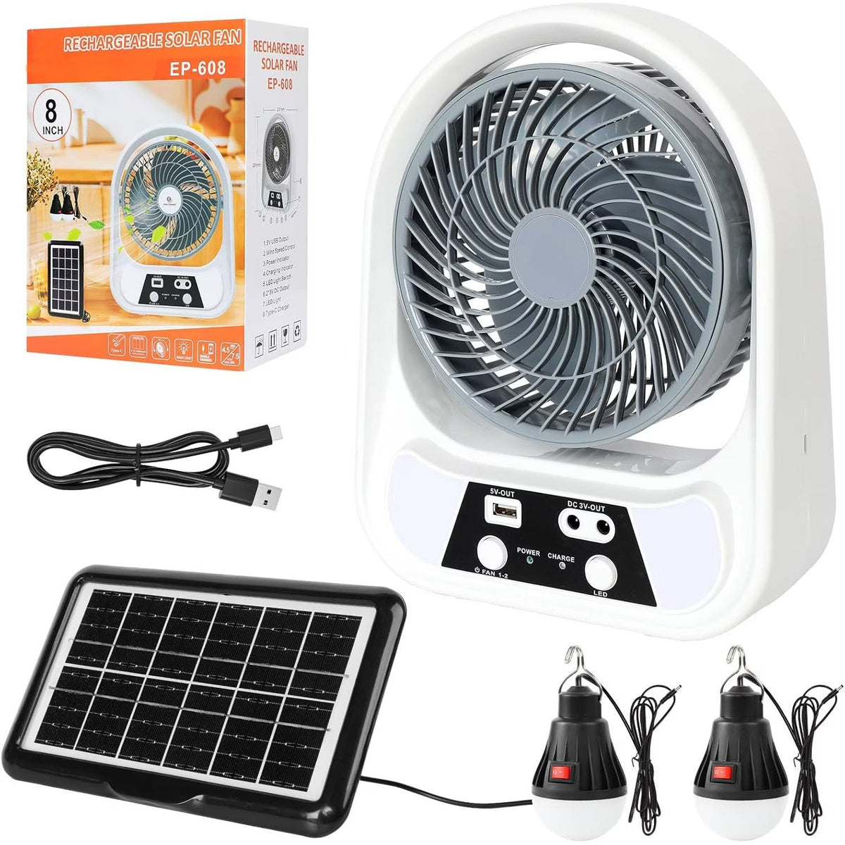 Ventilator solar, 15/20 cm, cu 2 becuri incluse, functie de powerbank, din ABS, cu USB, alb/gri