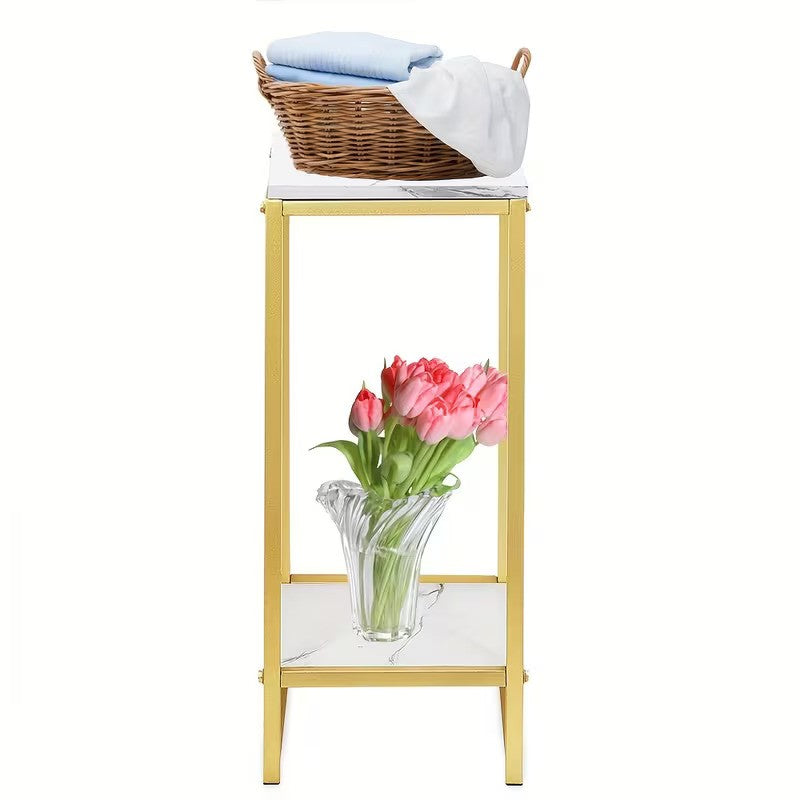 Masuta laterala moderna cu blat aspect marmura 75x30 cm cadru metalic auriu