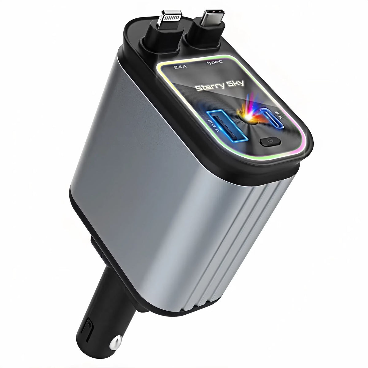 Incarcator Auto Retractabil 4-in-1 Fast Charge, 2 Cabluri Retractabile Lightning & Type-C, Iluminare RGB, Proiectie Stelara Laser