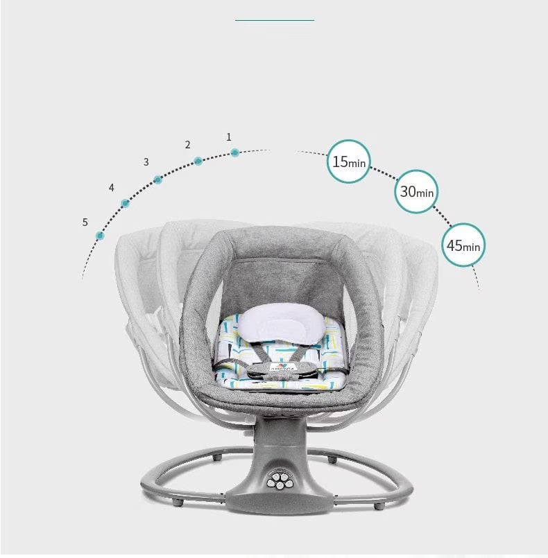 Balansoar copii 3 in 1, Electric, cu Plasa Tantari, Perna Detasabila, Jucarii, USB, Bluetooth, Telecomanda, 0-3 ani, Gri