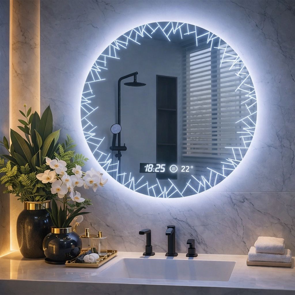 Oglinda LED baie cu dezaburire, ceas si termometru, 60cm