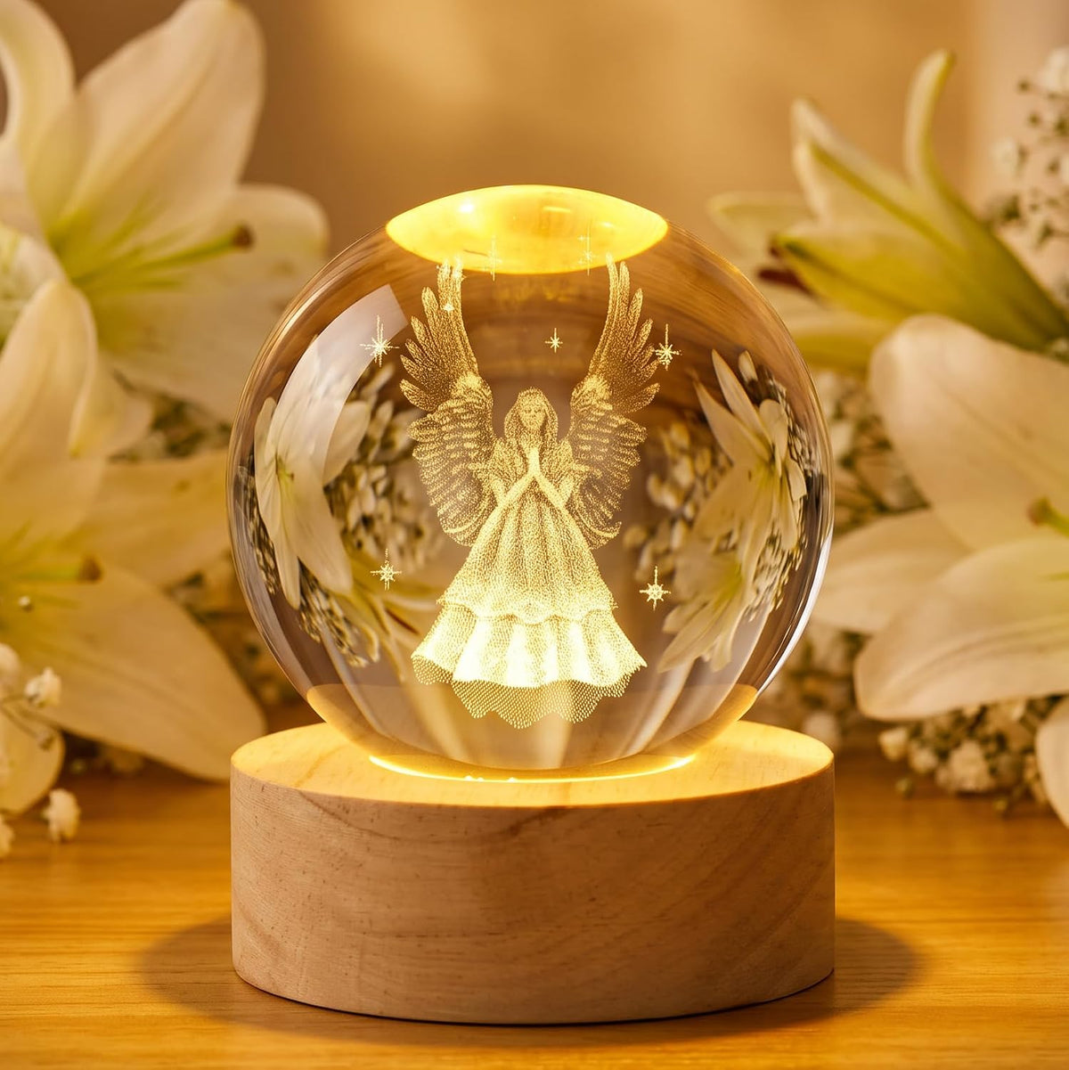 Glob Decorativ Transparent cu Inger Gravat si Suport Luminos Decoratiune Craciun Sticla - imagine principala