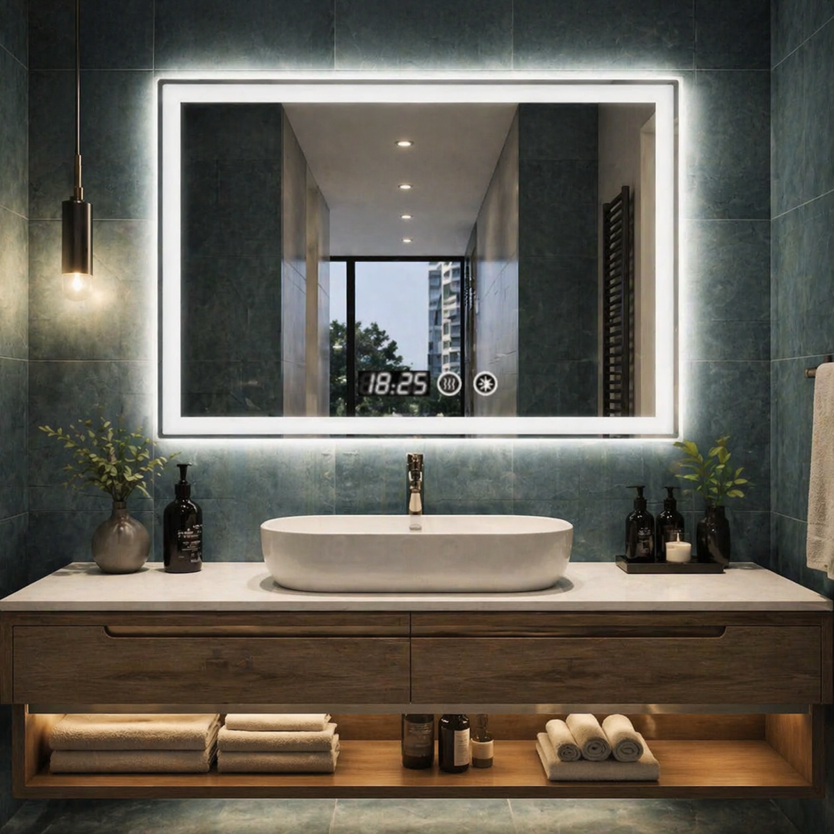 Oglinda LED 90 x 70 cm cu Afisaj Digital si Dezaburire – Design Modern pentru Baie