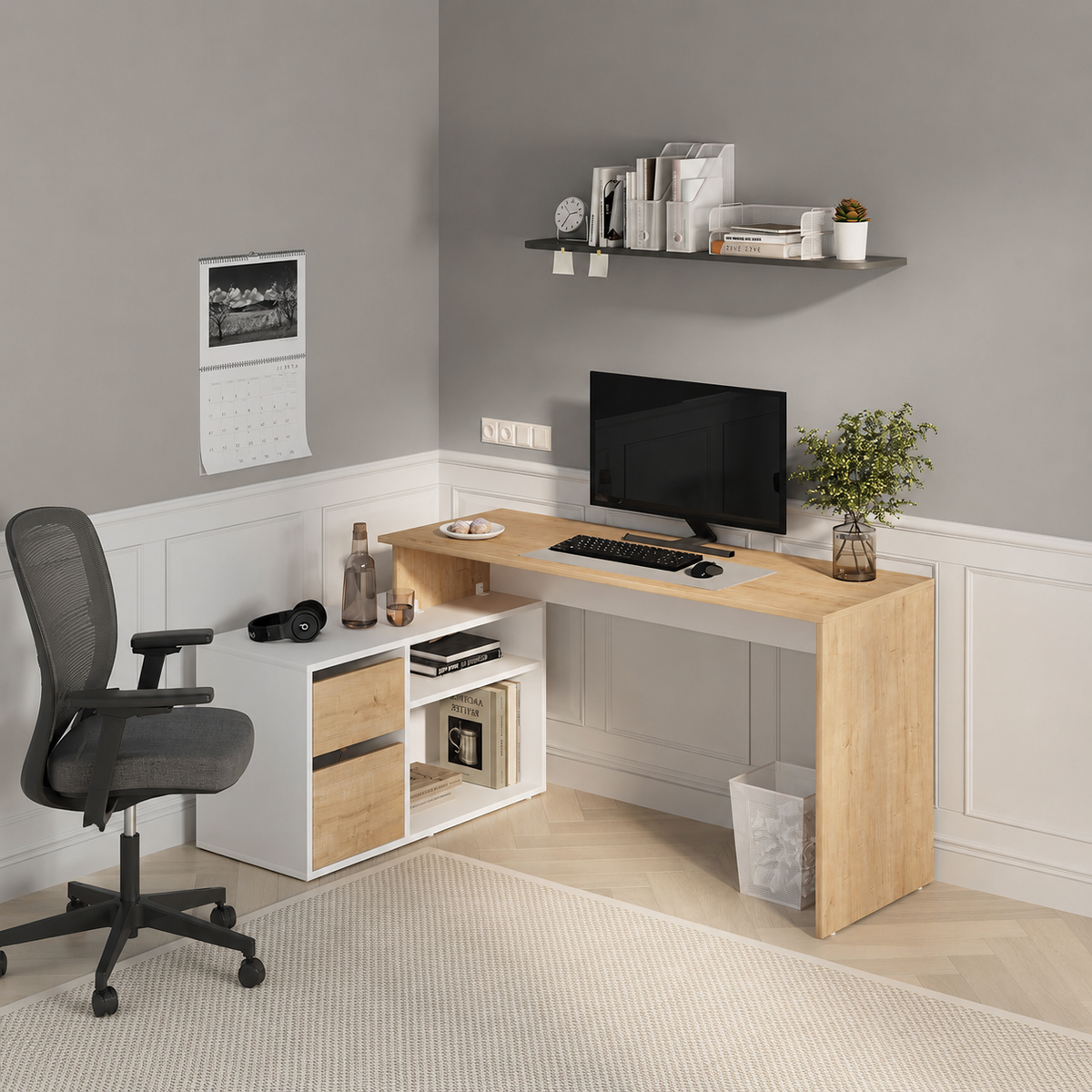 Birou modern 139x51x75 cm, cu corp de depozitare 92x40x53 cm, pentru birou, office sau home office