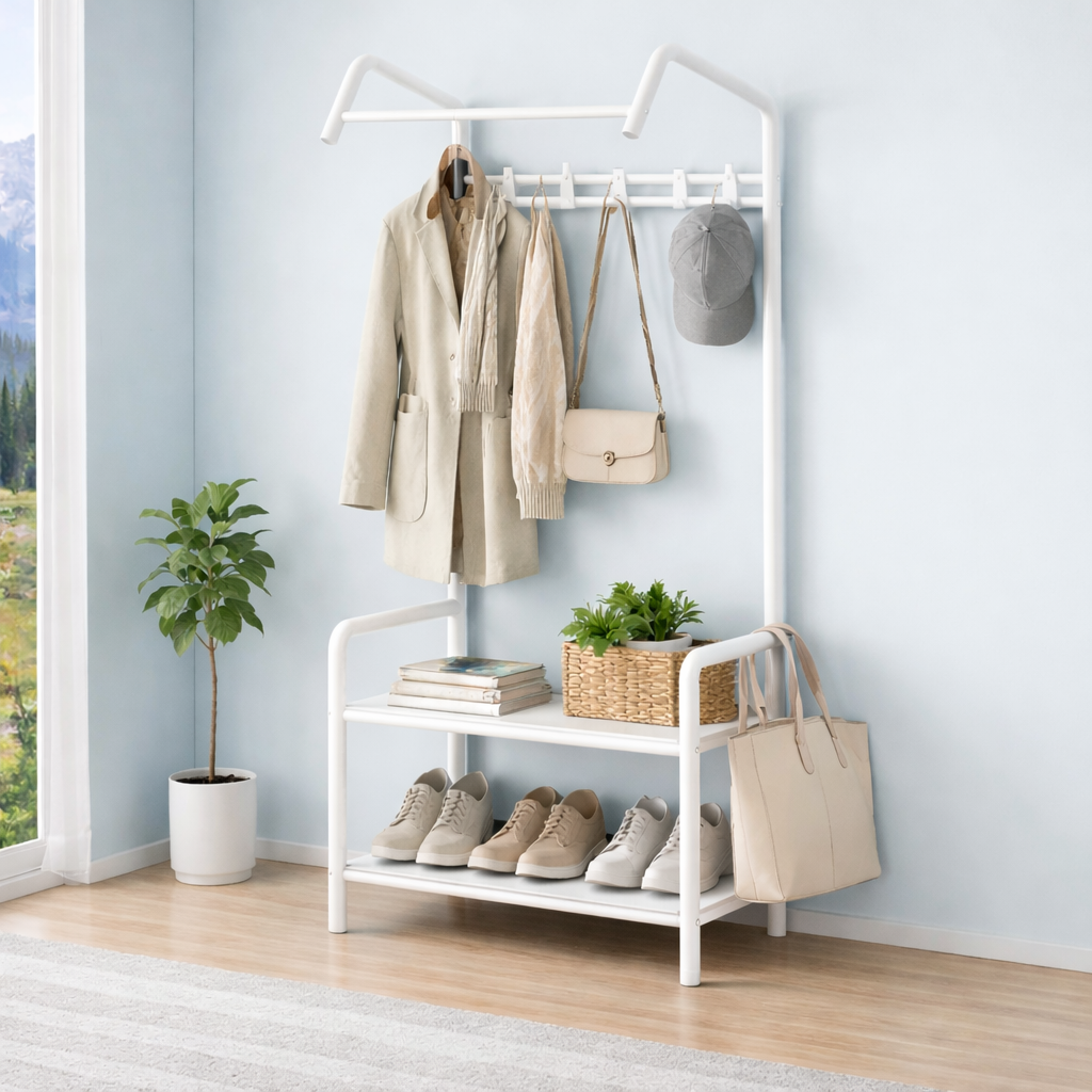 Suport haine metalic 2 in 1 cu polita pentru incaltaminte, 166x60x32 cm