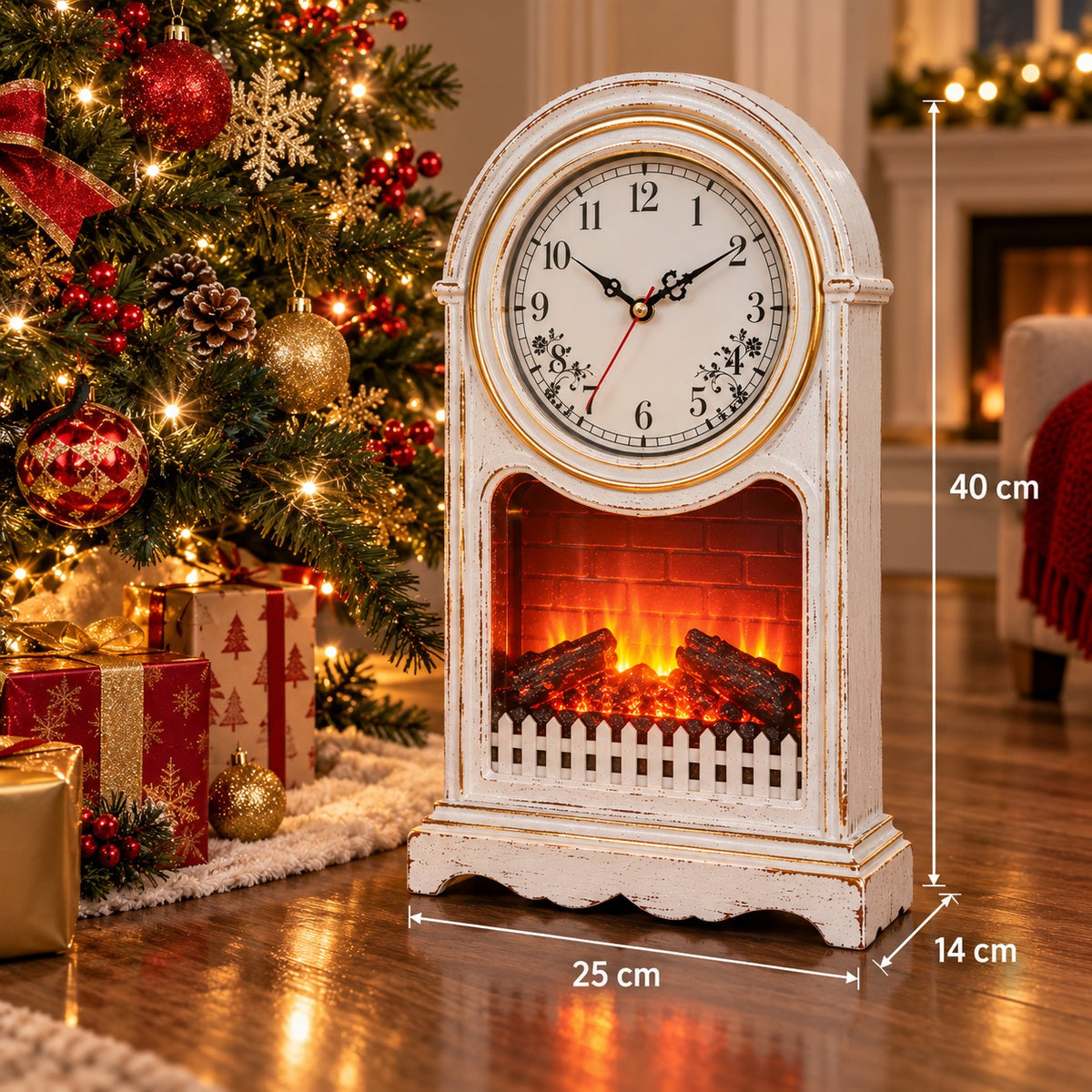 Ceas de Masă Premium cu Șemineu Decorativ, Efect de Flacără și Jar – 25 × 14 × 40 cm - detaliu produs