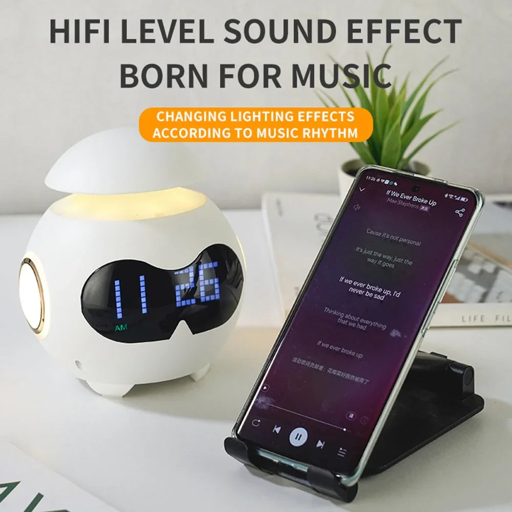 Ceas desteptator Emoji cu lumină si difuzor Bluetooth – Robot amuzant pentru trezire si decor modern