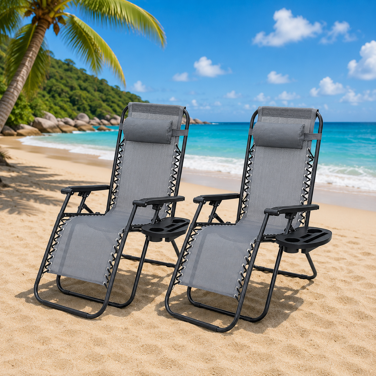 Set 2 sezlonguri Zero Gravity rabatabile 176x67x110 cm – plasa Teslin, perna si tava suport