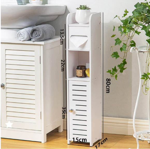Dulap slim pentru baie cu suport hartie si 3 polite depozitare, alb, 80 cm x 17 cm x 15 cm