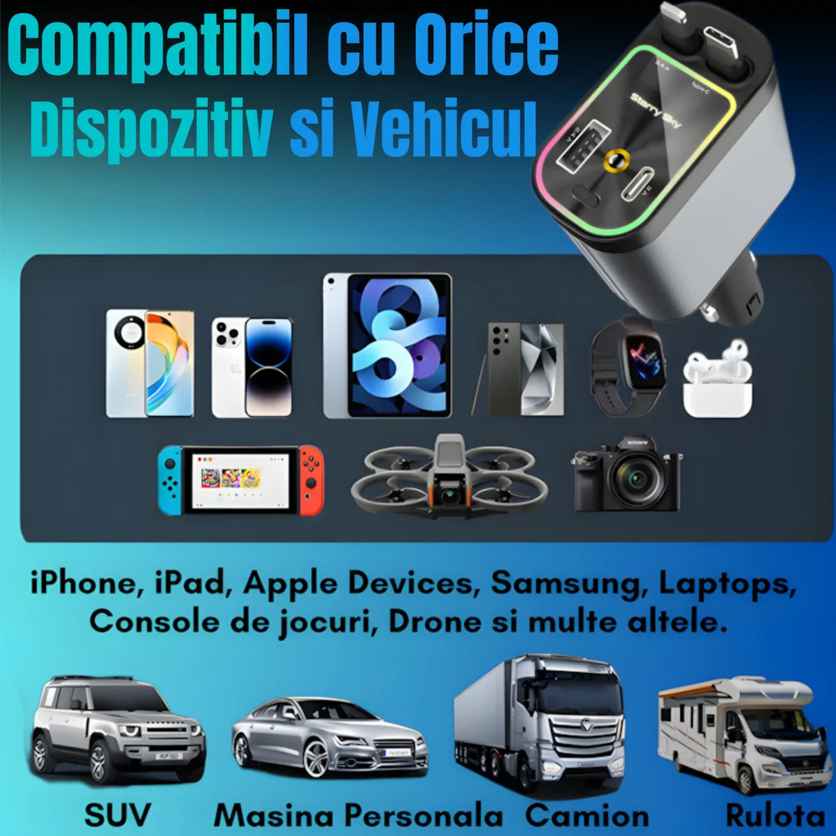 Incarcator Auto Retractabil 4-in-1 Fast Charge, 2 Cabluri Retractabile Lightning & Type-C, Iluminare RGB, Proiectie Stelara Laser