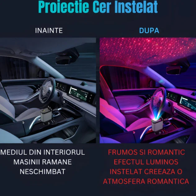 Incarcator Auto Retractabil 4-in-1 Fast Charge, 2 Cabluri Retractabile Lightning & Type-C, Iluminare RGB, Proiectie Stelara Laser