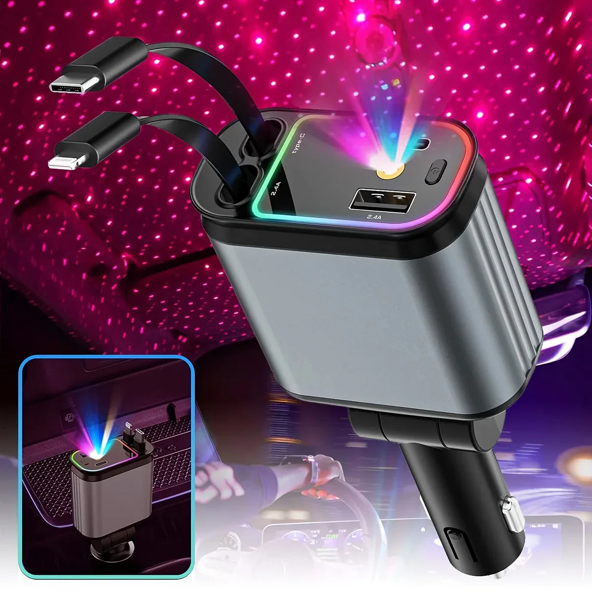 Incarcator Auto Retractabil 4-in-1 Fast Charge, 2 Cabluri Retractabile Lightning & Type-C, Iluminare RGB, Proiectie Stelara Laser