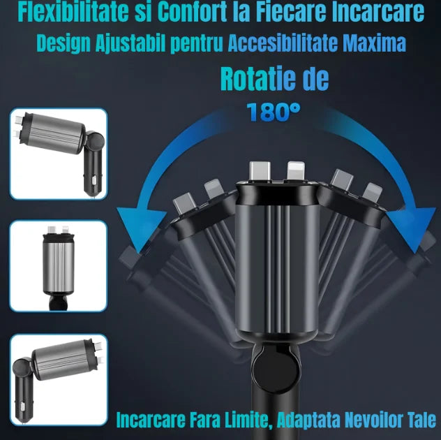 Incarcator Auto Retractabil 4-in-1 Fast Charge, 2 Cabluri Retractabile Lightning & Type-C, Iluminare RGB, Proiectie Stelara Laser