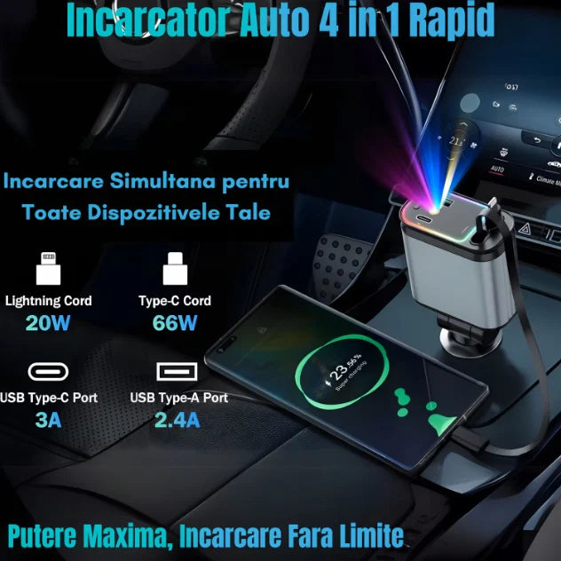 Incarcator Auto Retractabil 4-in-1 Fast Charge, 2 Cabluri Retractabile Lightning & Type-C, Iluminare RGB, Proiectie Stelara Laser