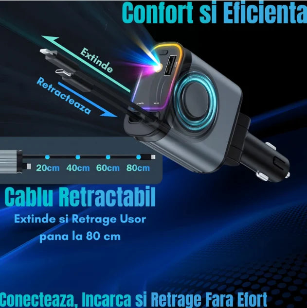 Incarcator Auto Retractabil 4-in-1 Fast Charge, 2 Cabluri Retractabile Lightning & Type-C, Iluminare RGB, Proiectie Stelara Laser