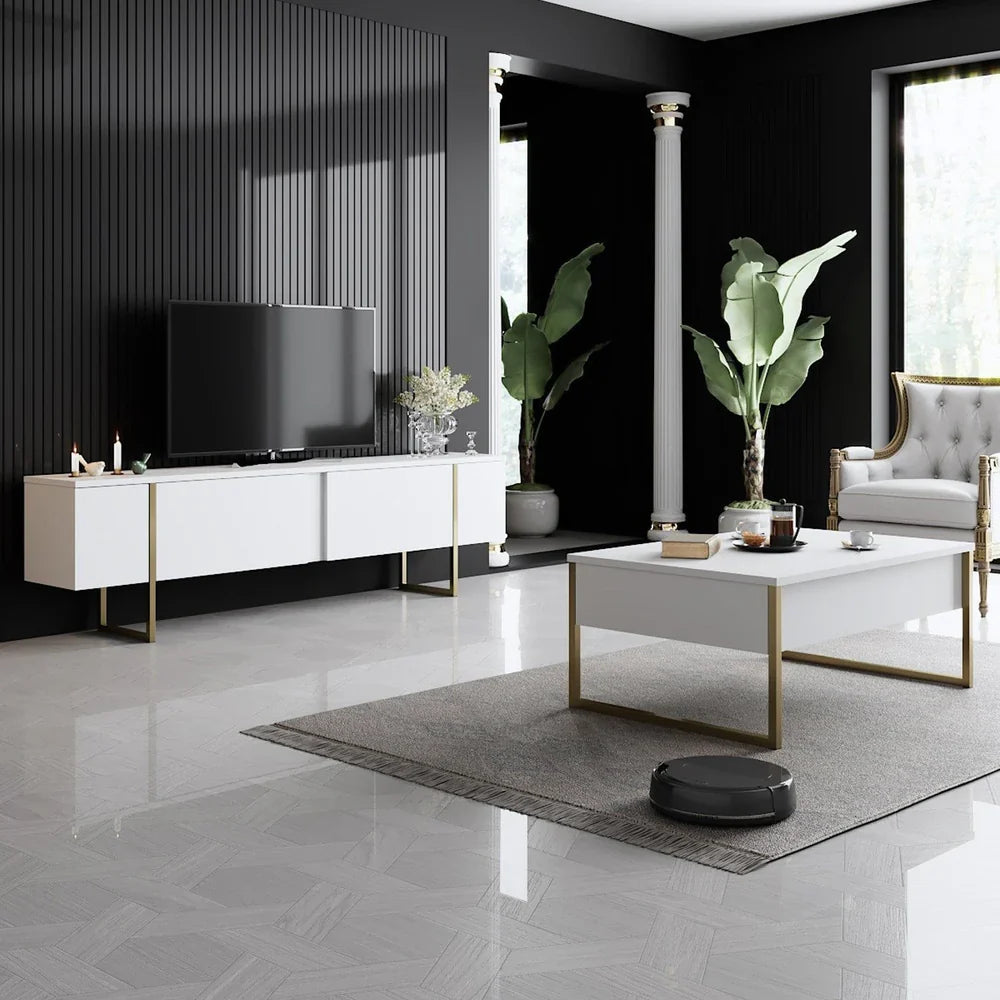 Masuta cafea alba premium cu picioare aurii metalice 90x60 cm design elegant