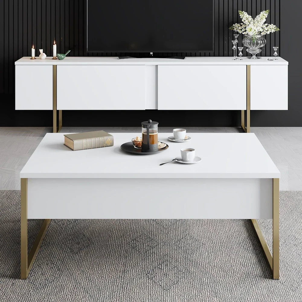 Masuta cafea alba premium cu picioare aurii metalice 90x60 cm design elegant