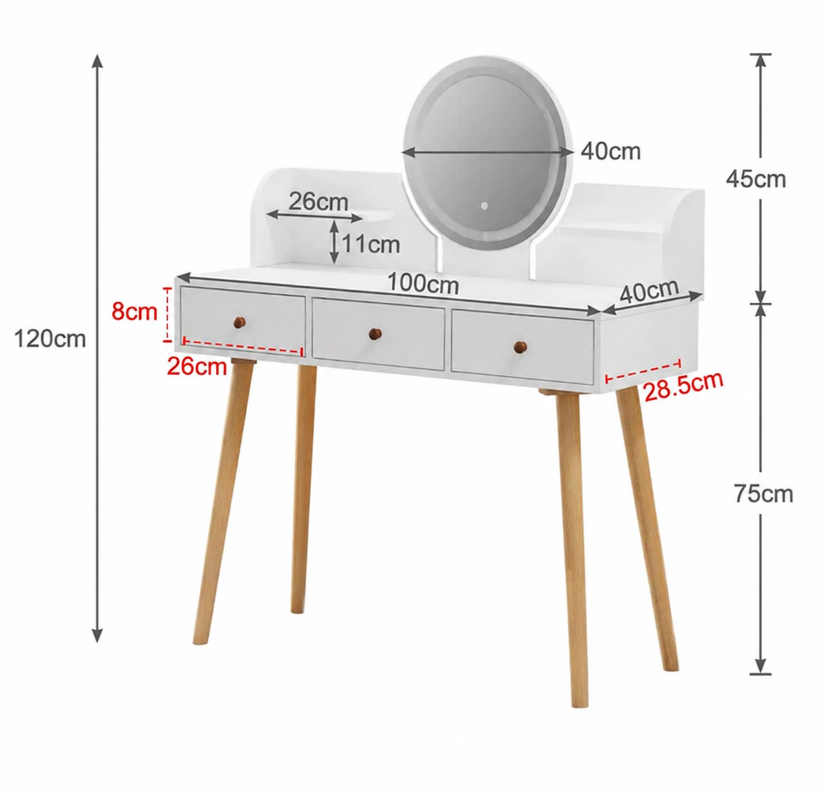 Masa de toaleta cu oglinda 100x120x40 cm design modern alba cu sertare si rafturi