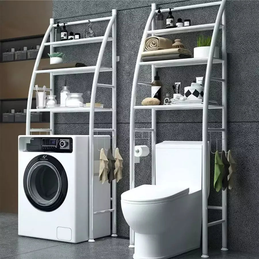 Suport depozitare peste toaleta, 3 polite, cadru metalic alb, organizator baie modern, 150 x 50 x 23 cm