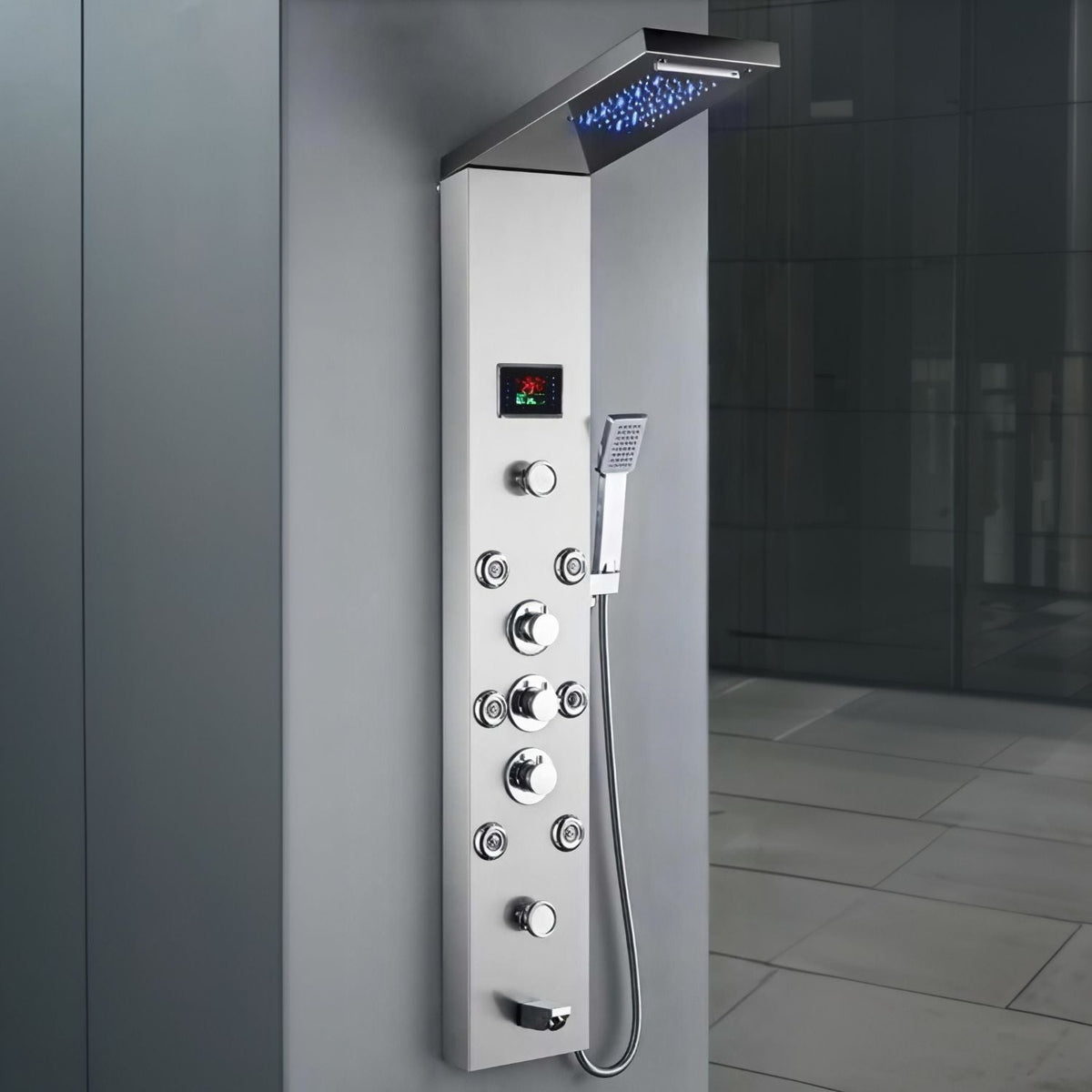 Panou dus modern din otel inoxidabil 304 cu functie cascada si jeturi multiple, montaj pe perete, culori negru, auriu si argintiu