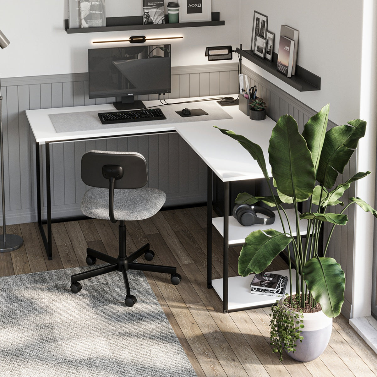 Birou de colt in forma L 140x147,8x73,8 cm, cu rafturi integrate si cadru metalic, pentru home office sau birou