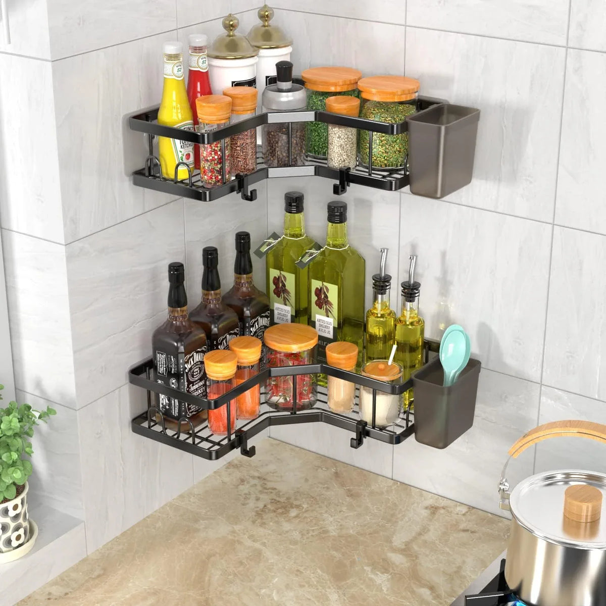 Set 2 rafturi de colt pentru baie sau bucatarie,5 piese, cu suport pentru periuta si pasta de dinti