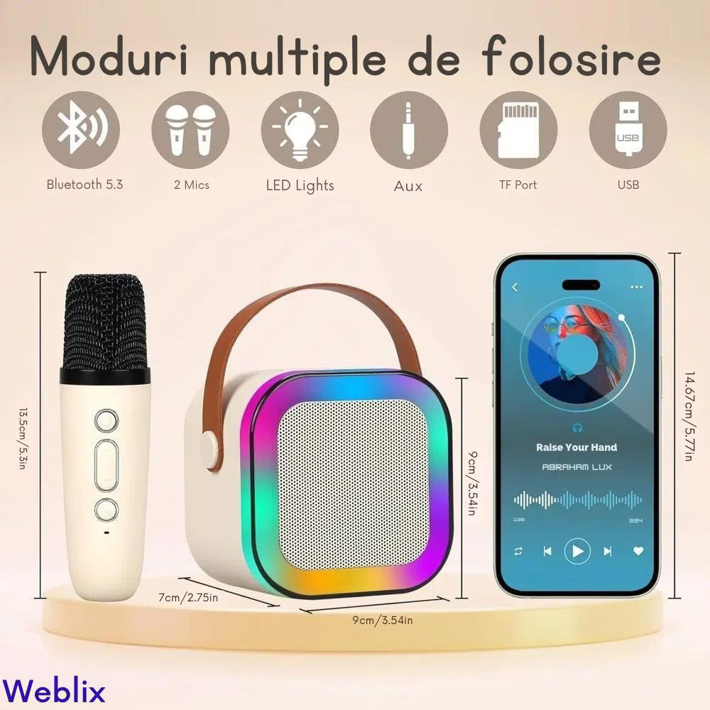 Boxa portabila Karaoke pentru copii, cu microfon wireless, conexiune Bluetooth, cu jocuri de lumini RGB