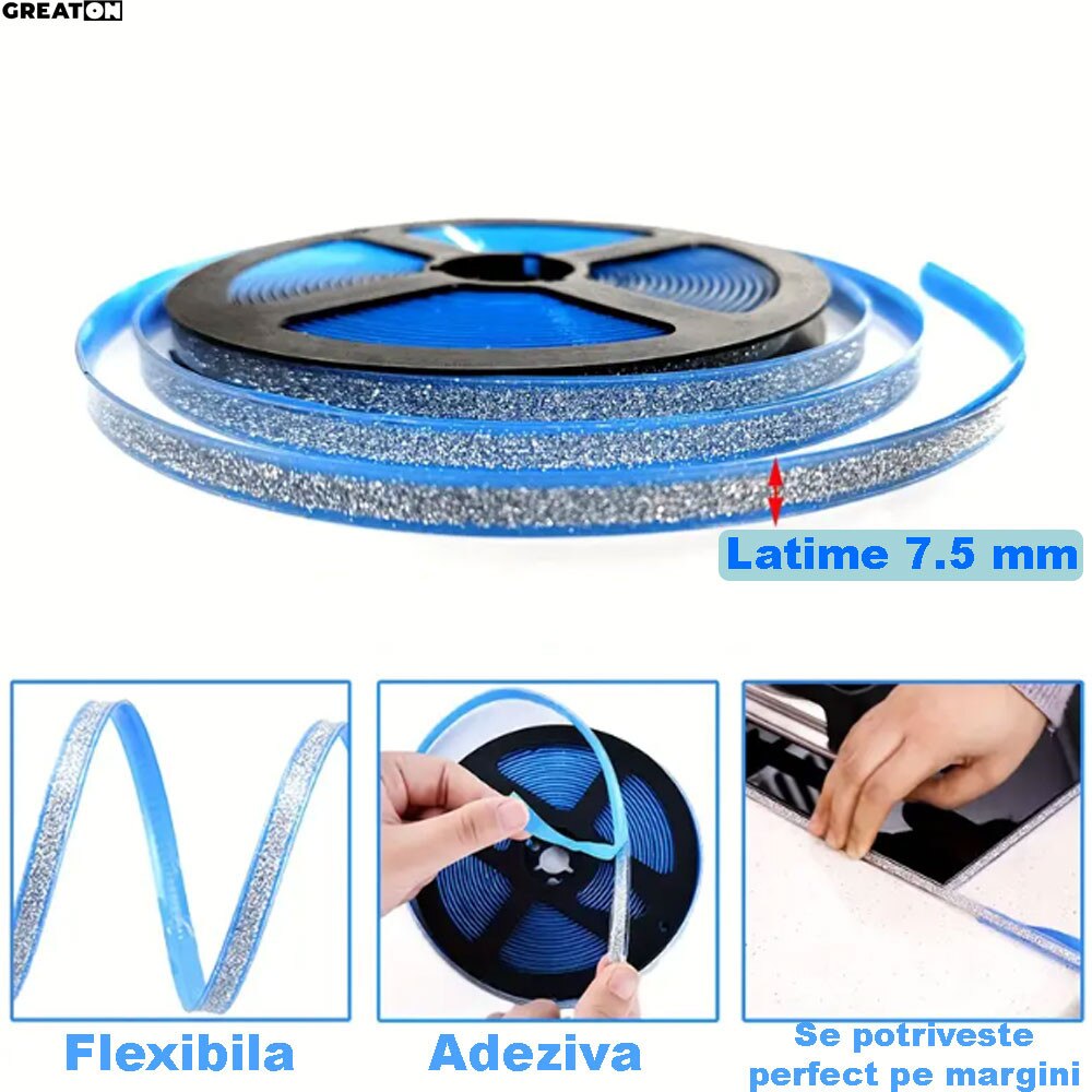 Banda adeziva decorativa cu sclipici, rezistenta la apa, albastra, 6 m x 7,5 mm