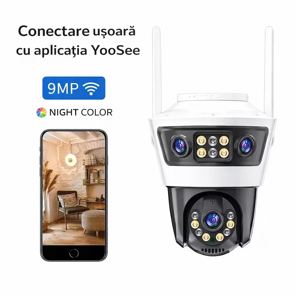 Camera de Supraveghere cu 2 Lentile, PTZ 355°, Jortan JT-4, WiFi, IP66, HD, 6 MP, 1920 x 1080 pixeli, Aplicatie Yoosee