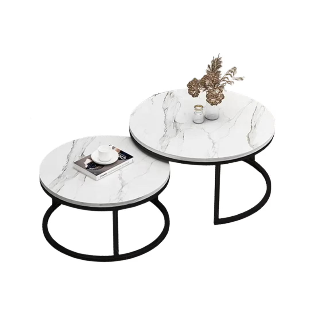 Set 2 masute rotunde de cafea cu efect de marmura, diametru 70/50 cm, blat MDF, cadru metalic