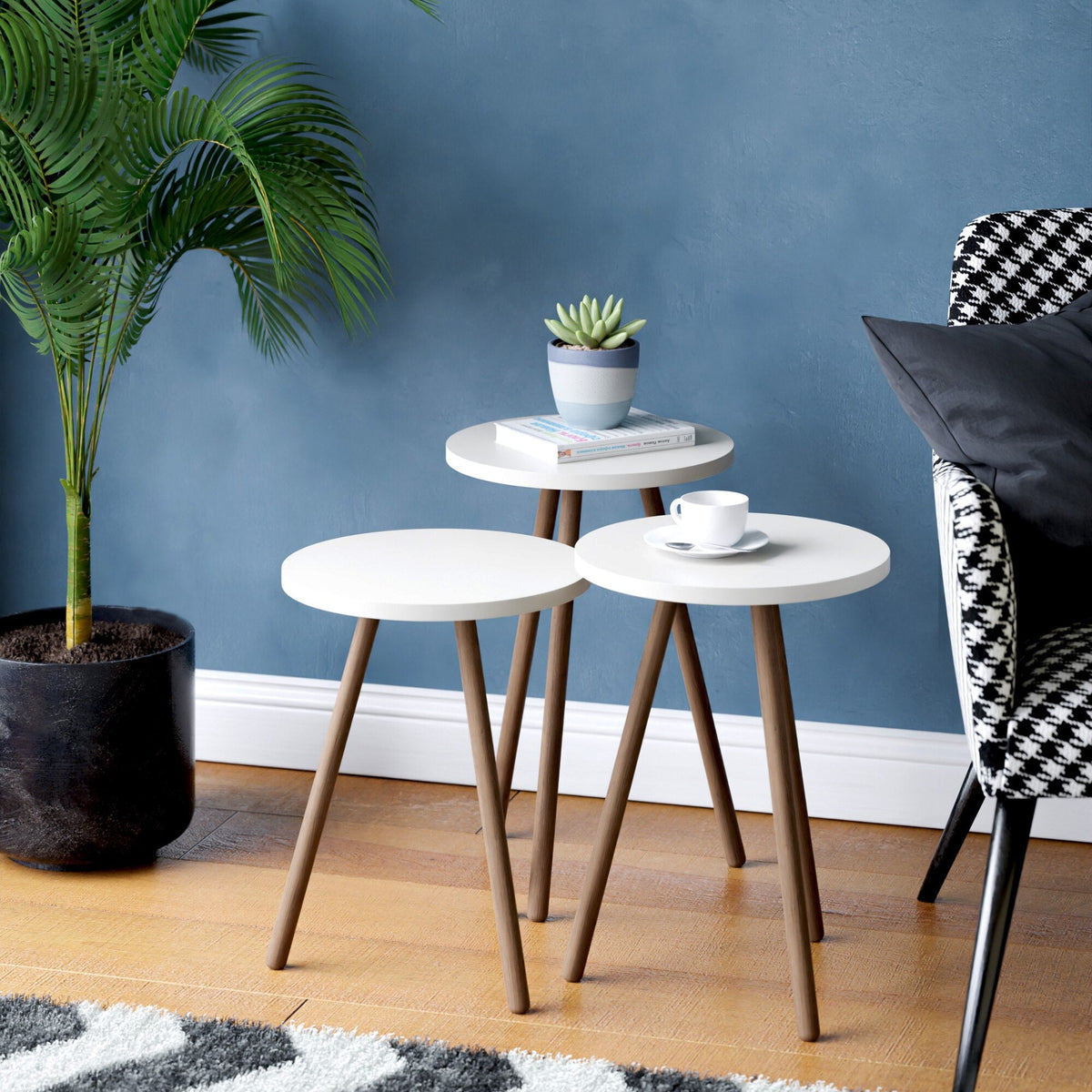 Set 3 masute decorative rotunde, cu picioare din lemn, stil scandinav, 3 inaltimi 41 / 45 / 49 cm