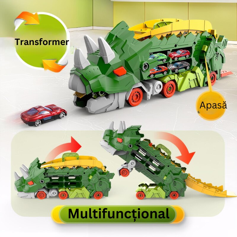 Set Multifunctional Dinozaur 2-in-1, Camion de Transport si Rampa de Lansare cu 2 Masinute