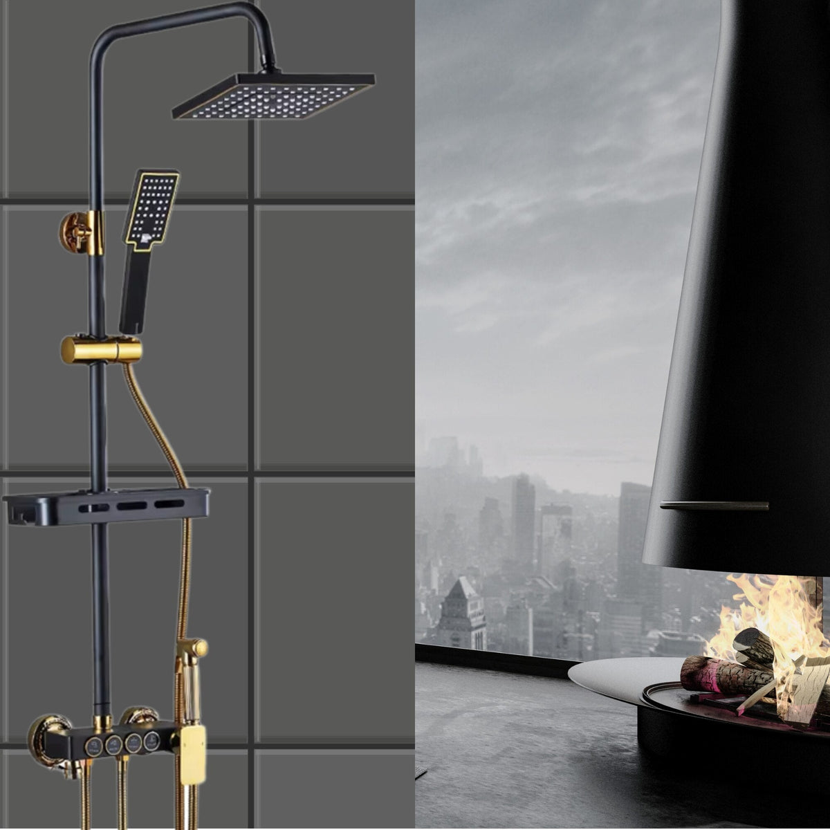 Coloana de dus premium cu 4 functii, baterie, cap dus patrat tip ploaie, dus de mana, pistol bideu, robinet inferior, raft accesorii, control prin butoane, alama masiva, finisaj negru mat si auriu, sistem complet modern baie