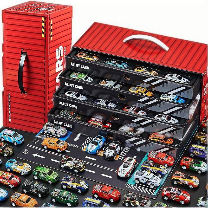 Set 48 Jucarii Masinute Tractiune Retractabila - Aliaj, Cutie Container, 4 Nivele Garaj, Rezistente Caderi Socuri, 3-8 Ani, Modele Culori Variate