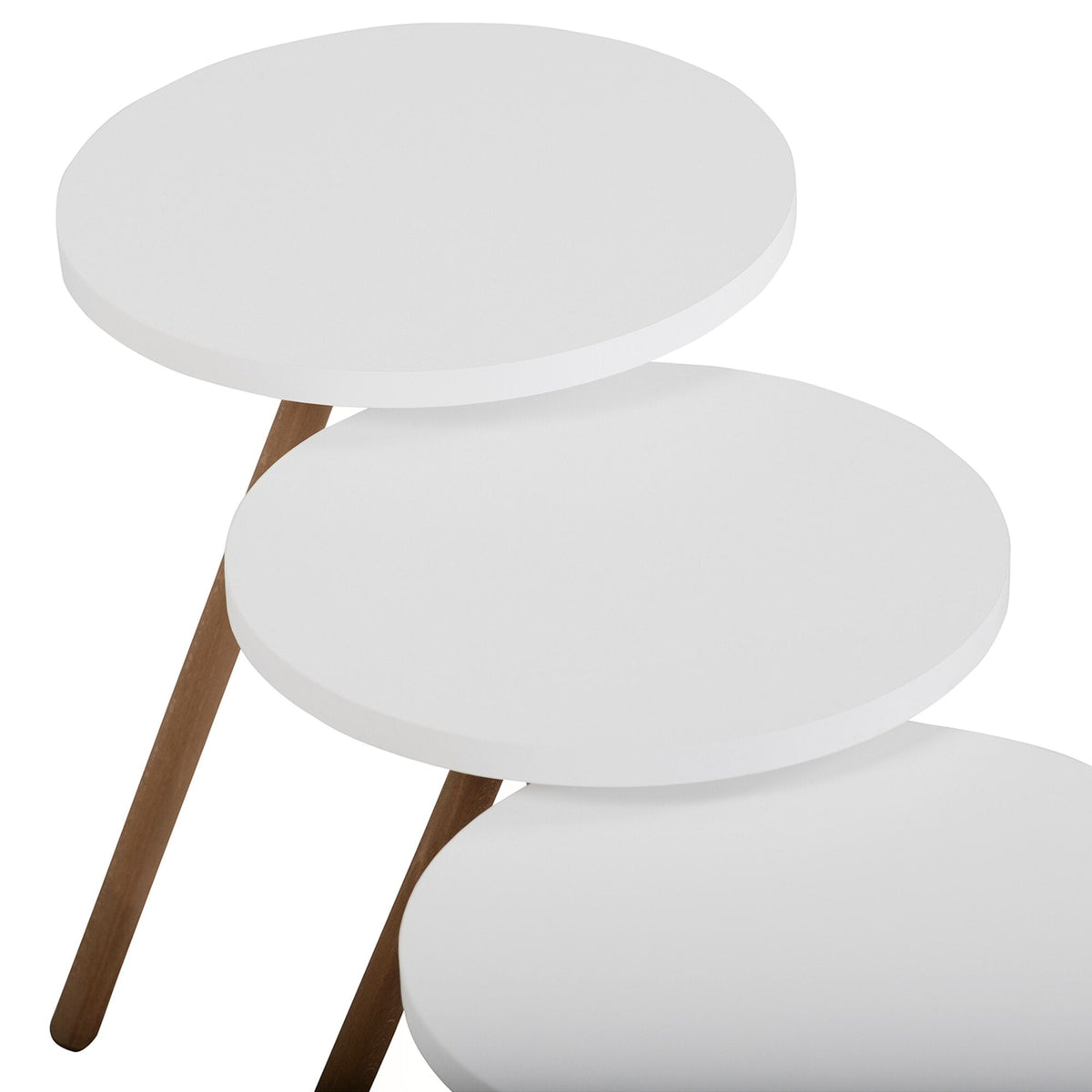 Set 3 masute decorative rotunde, cu picioare din lemn, stil scandinav, 3 inaltimi 41 / 45 / 49 cm