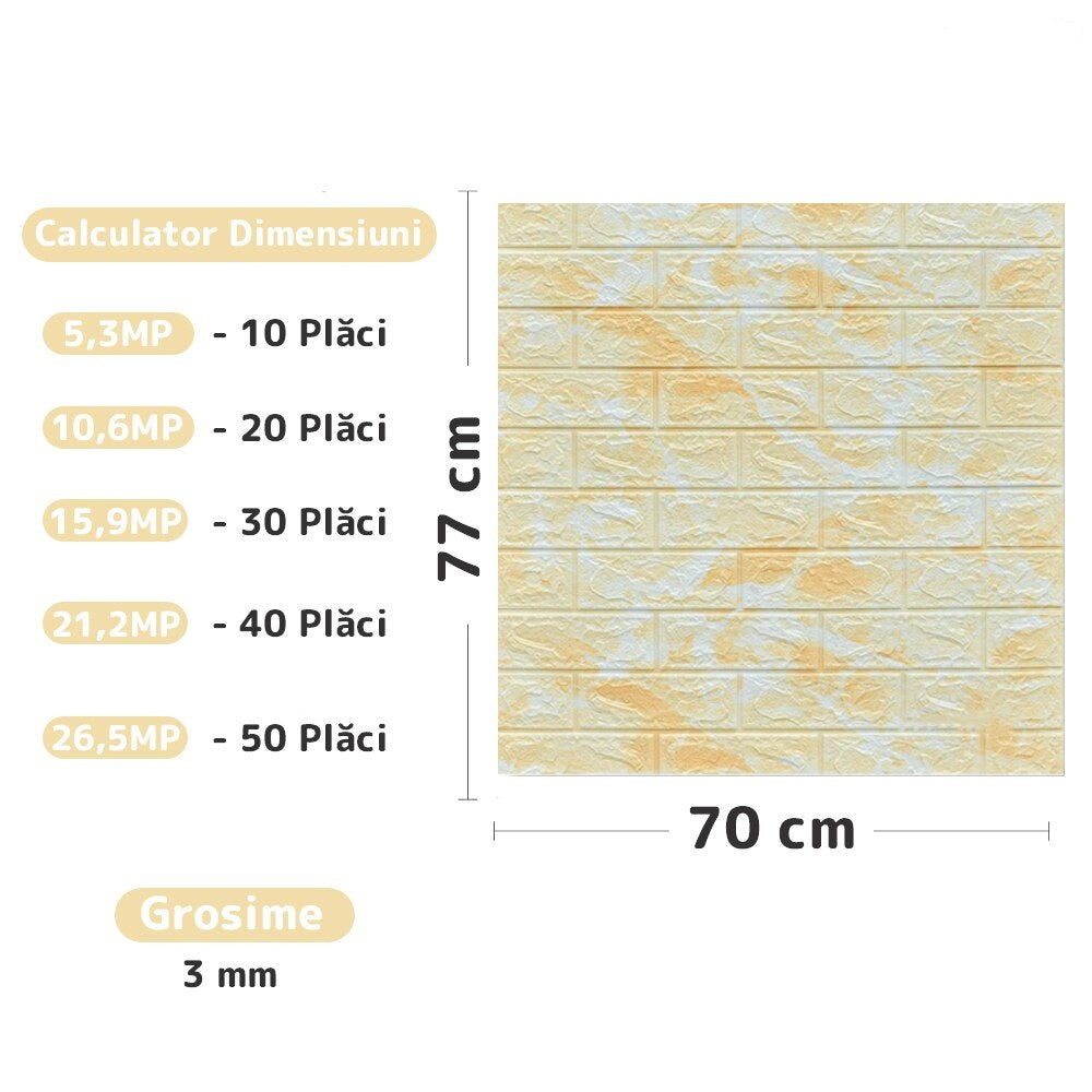 Tapet 3D caramida model galben-alb auto-adeziv pentru interior, 70 x 77 cm