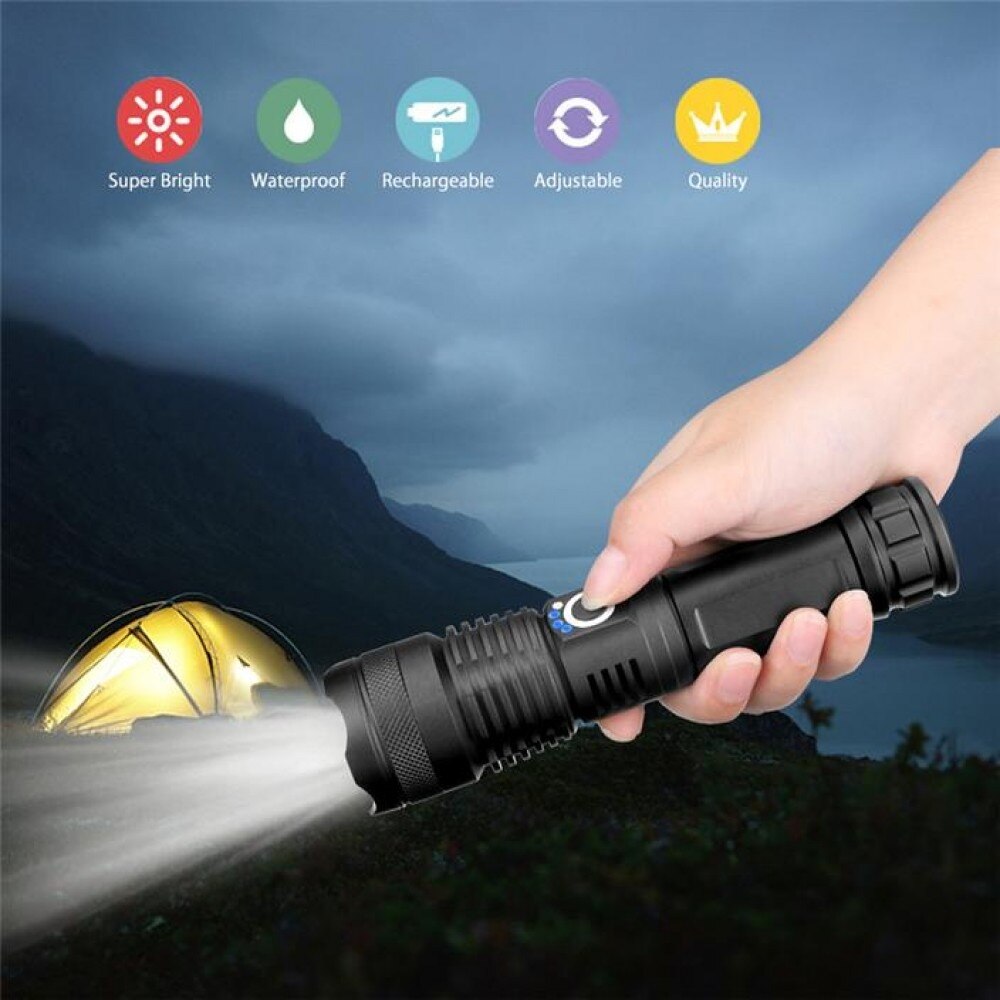 Lanterna LED Ultra-Bright, 20w din aluminiu, sursa XHP50/70/WHITE LASER, profesionala, focus ajustabil, acumulator 8800 mah inclus, rezistenta la apa, incarcare USB, 3000 lumeni