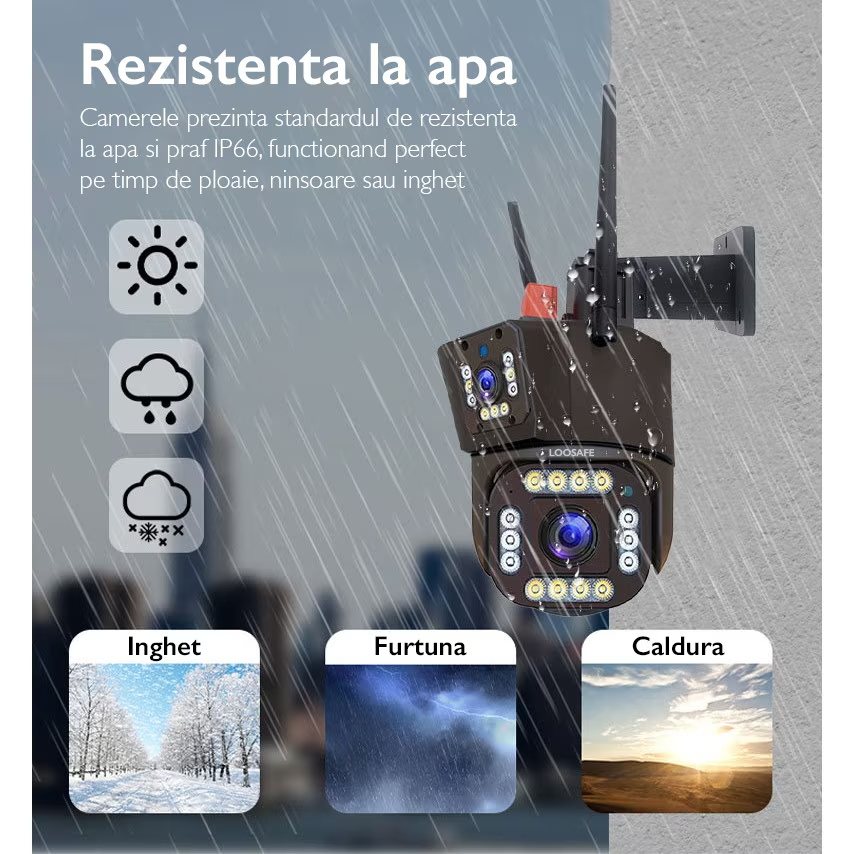 Camera de Supraveghere Tripla WIFI, 12MP, Exterior/Interior, Ultra HD, 5X zoom, Rotire, Leduri, Lumina, Comunicare
