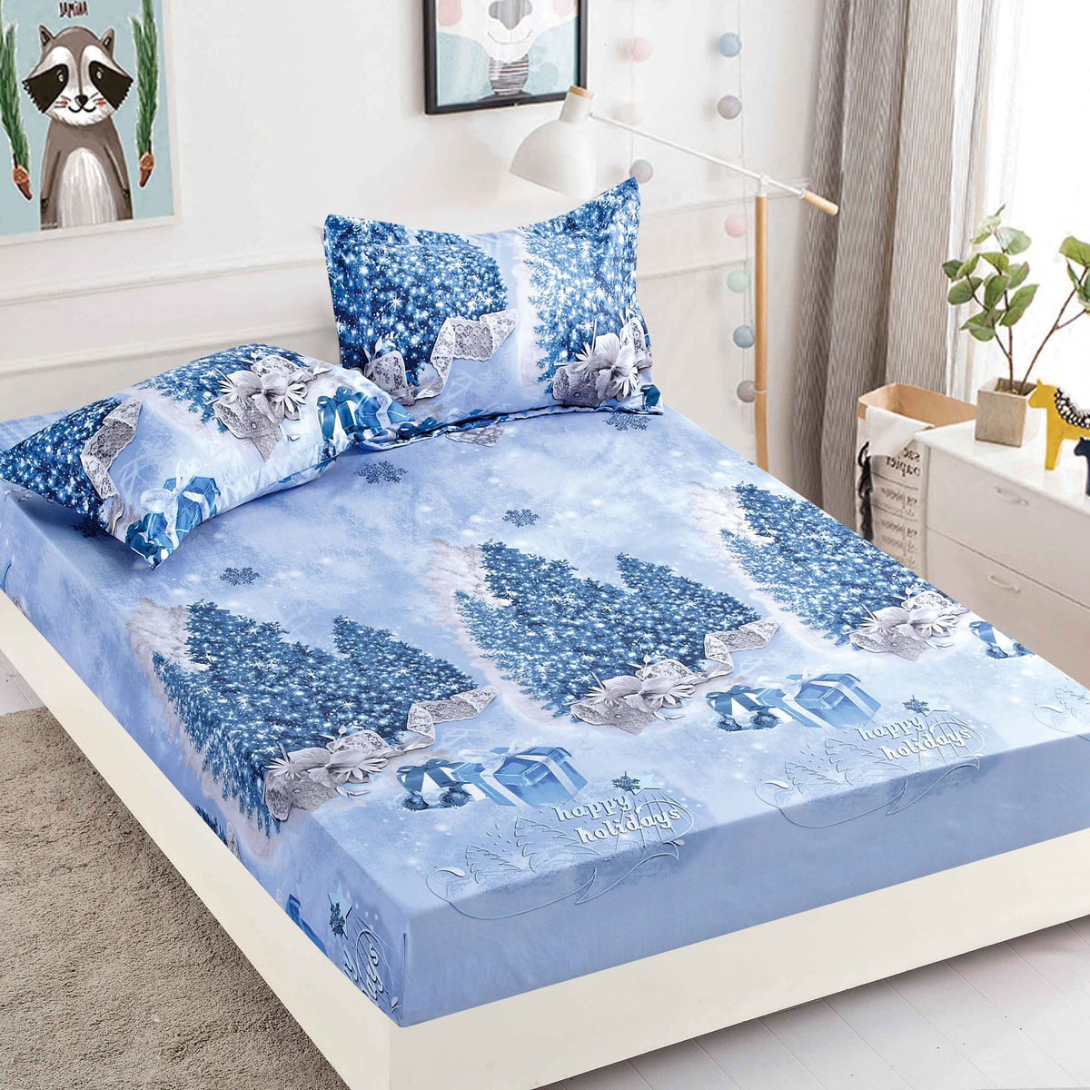 Husa de Pat cu Elastic din Bumbac Finet + 2 Fete de Perna, Pat 2 Persoane – Christmas Collections 180 x 200 cm