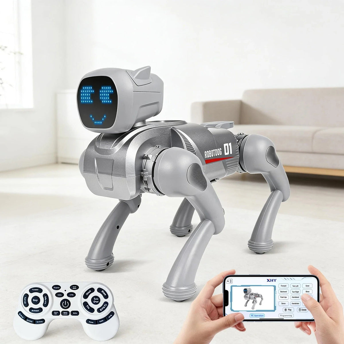 Catel robot inteligent, control telecomanda, aplicatie mobila, comenzi vocale, functii interactive, dans,