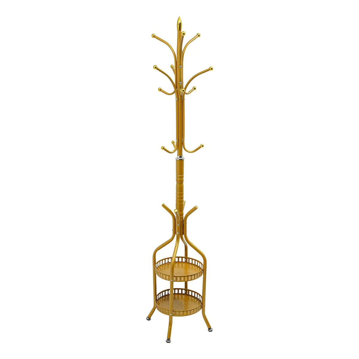 Cuier de podea metalic auriu, 34 x 189 cm, cu carlige multiple si 2 rafturi de depozitare, tip hall tree, pentru hol, dormitor sau birou