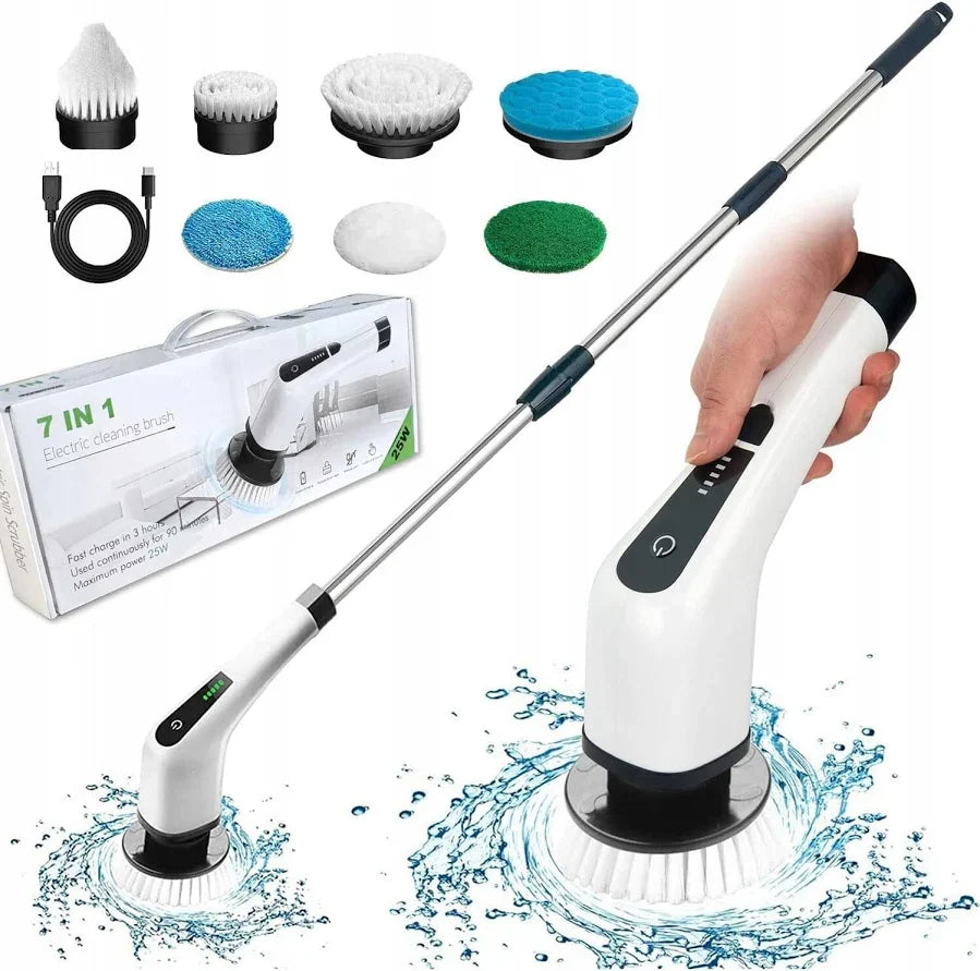 Perie Electrica Rotativa 7 in 1, 7 capete incluse, 2 viteze, pentru curatare pete dificile, maner reglabil si detasabil, autonomie ridicata, indicator LED