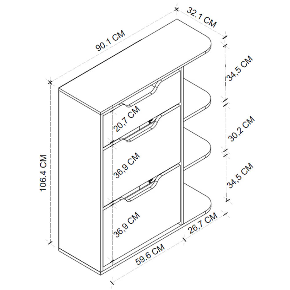 Pantofar cu usi rabatabile si sertar, 2 compartimente, 90,1 x 32,1 x 106,4 cm