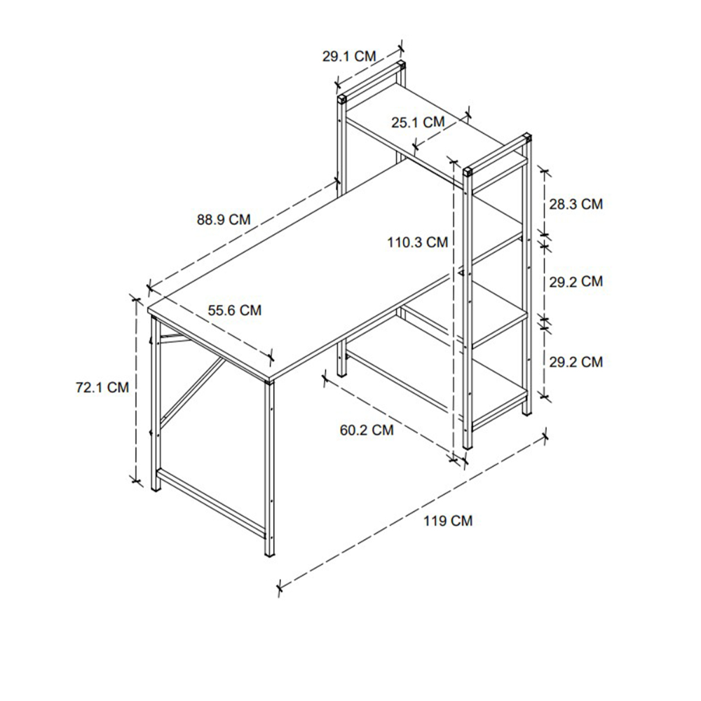 Birou din PAL cu rafturi laterale, structura metalica, 119 x 55,6 x 110,3 cm