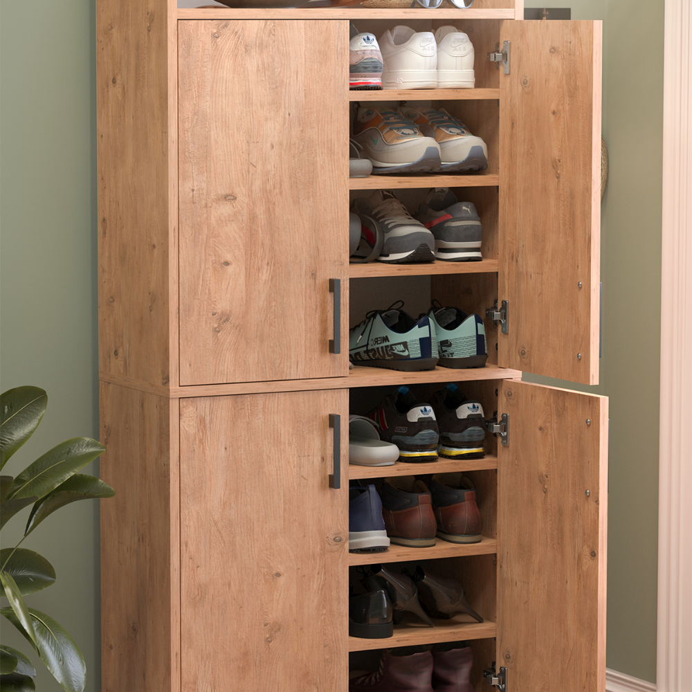 Pantofar modern 72x32x170 cm, cu 4 usi si 9 rafturi, pentru hol, intrare sau depozitare incaltaminte