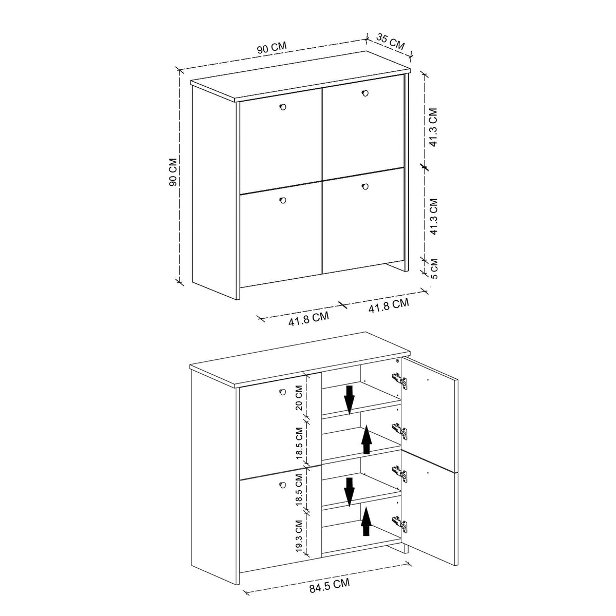 Dulap multifunctional Tetra cu 4 usi, 90 x 35 x 90 cm