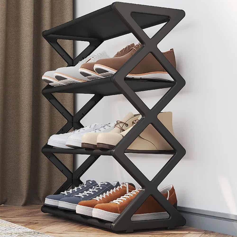 Suport depozitare și organizare pantofi, 4 rafturi, alb, metal și plastic, 58 cm