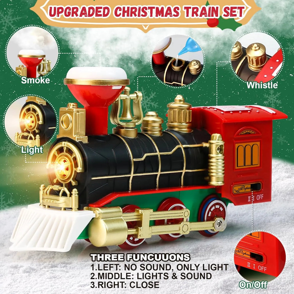 Set Tren Electric de Craciun pentru Brad, Lumini si Sunete, 22 Piese, Locomotiva, Vagon Carbune, Sanie Mos Craciun si Sine