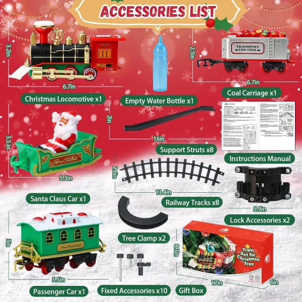 Set Tren Electric de Craciun pentru Brad, Lumini si Sunete, 22 Piese, Locomotiva, Vagon Carbune, Sanie Mos Craciun si Sine