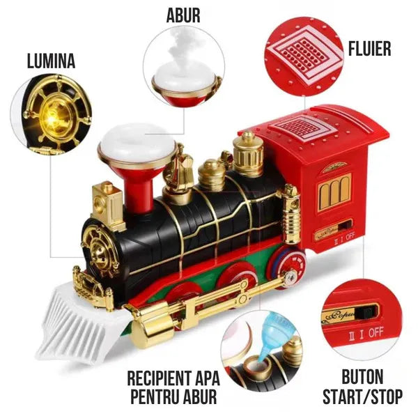Set Tren Electric de Craciun pentru Brad, Lumini si Sunete, 22 Piese, Locomotiva, Vagon Carbune, Sanie Mos Craciun si Sine